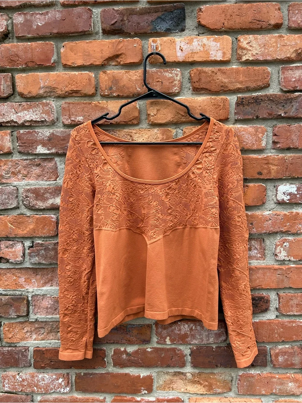 Anthropologie Lace-Trim Long-Sleeve Top in Rust Orange L Stretch Scoop Back NEW